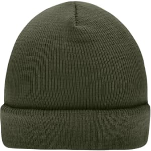 A knitted beanie in olive green, featuring a ribbed texture and a folded cuff. It has a brand logo.