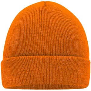 An orange knitted beanie with a rolled cuff design, featuring a logo on the side.