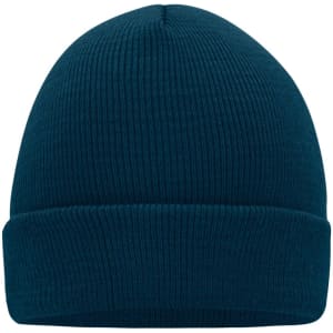 A knitted beanie in a deep teal colour with a ribbed texture and a folded cuff. It features a logo.