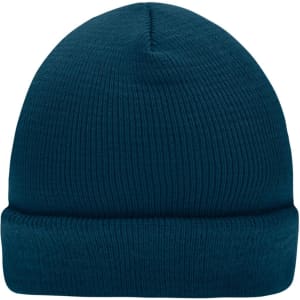 A knitted beanie in a deep teal colour with a ribbed texture and a rolled cuff. It features a branding logo.