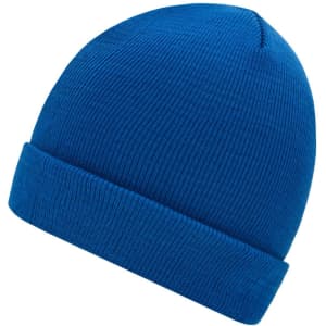 A knitted beanie in vibrant blue, featuring a rolled cuff and ribbed texture. It has a logo on the side.