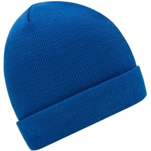 A blue knitted beanie with a ribbed texture and a folded cuff. The beanie features a logo.