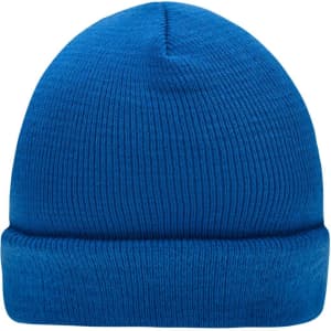 A blue knitted beanie with a ribbed texture and a folded cuff. It features a logo on one side.
