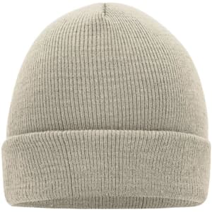 A knitted beanie in a soft grey colour with a folded cuff. It features a simple design and has branding.