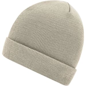 A knitted beanie in a light grey colour with a rolled cuff and a textured finish. It has a logo on it.