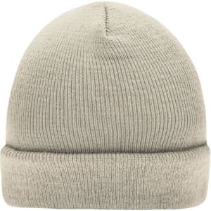 A knitted beanie in a light grey colour, featuring a rolled cuff and a simple design.