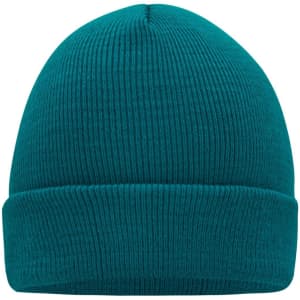 A teal knitted beanie with a folded cuff and a smooth texture. The beanie has a simple design and no visible logos.