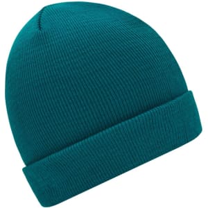 A knitted beanie in teal colour with a ribbed texture and a folded cuff. Features a branding logo.