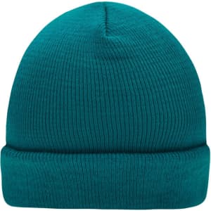 A teal knitted beanie with a ribbed texture and folded brim, featuring a logo.