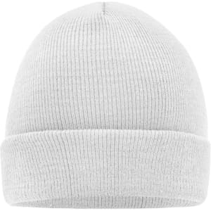 A knitted beanie in white with a folded cuff and a simple design. It features a logo on the side.