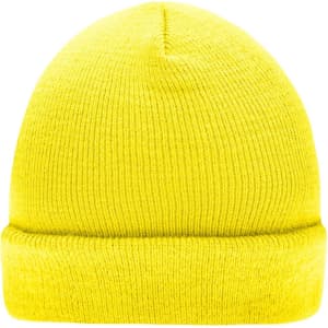 A knitted beanie in bright yellow, with a folded cuff and textured fabric. Features a logo.