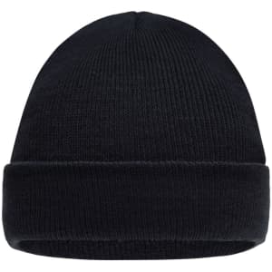 A knitted black beanie with a folded cuff and ribbed texture, featuring a logo. Perfect for kids' headwear.