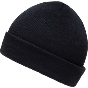 A black knitted beanie with a folded cuff, featuring a logo on the side. Ideal for kids' headwear.