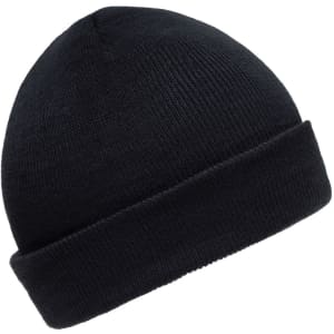 A black knitted beanie with a folded cuff, featuring a logo. Suitable for kids.