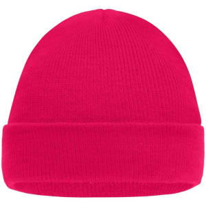 A bright pink knitted beanie featuring a folded brim and a simple design, with a logo present.