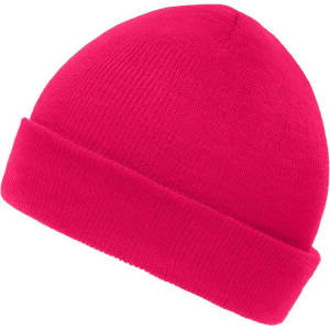 A bright pink knitted beanie with a folded brim and smooth texture. The beanie features a logo on it.