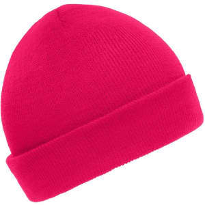A bright pink knitted beanie with a folded cuff and a smooth texture. It features a logo on the side.