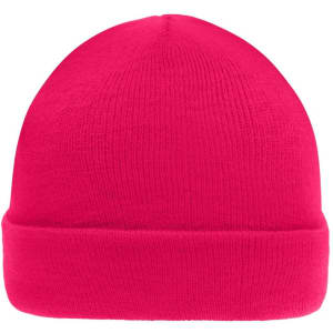 A pink knitted beanie with a rolled cuff, featuring a logo or branding on it.