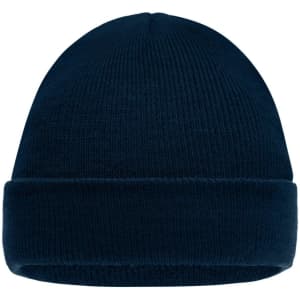 A navy blue knitted beanie with a folded cuff, featuring a logo at the front.