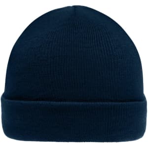 A navy blue knitted beanie with a folded cuff and a smooth texture, featuring a logo on the side.