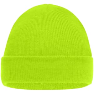 A bright neon yellow knitted beanie with a folded cuff. The beanie features a logo.
