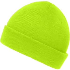 A bright neon yellow knitted beanie with a folded cuff and a simple design. It features a logo on the side.