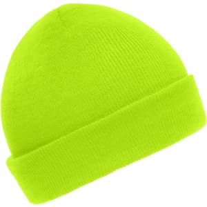A bright yellow knitted beanie with a folded cuff and a smooth texture. It features a branding logo.