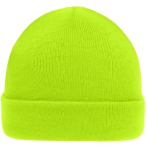 A bright yellow knitted beanie with a folded cuff and a smooth texture. It features a logo on the front.