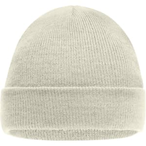 A cream-coloured kids knitted beanie with a folded cuff. Features a simple design and includes a logo.