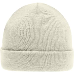 A cream-coloured knitted beanie with a folded cuff and a simple design. It features a logo on the side.