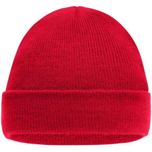 A red knitted beanie with a folded cuff. The fabric appears soft and warm, suitable for kids.