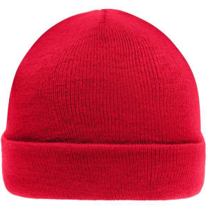 A red knitted beanie with a folded cuff, featuring a simple design and a logo.