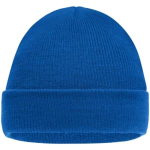 A blue knitted beanie featuring a fold-up cuff and a textured design. It has a branding logo on the side.