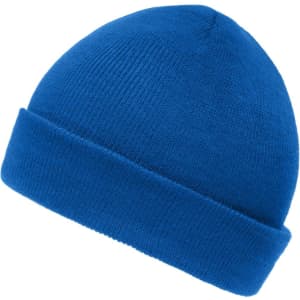 A blue knitted beanie with a folded brim and a smooth texture, featuring a small logo.
