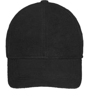 A black fleece cap featuring earflaps and a structured six-panel design, with a logo on the front.