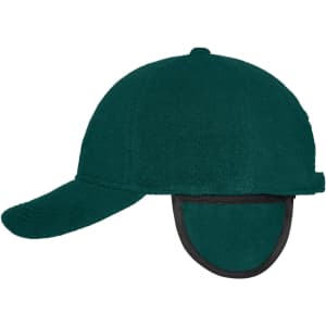 A green fleece cap with earflaps and a curved brim, featuring a logo on the side.