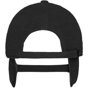 A black 6 panel fleece cap with earflaps and an adjustable strap at the back. It features a logo.