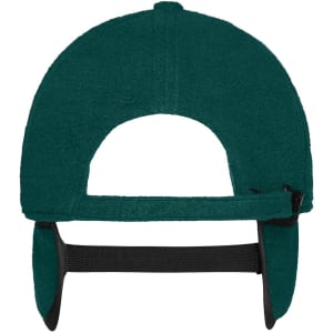 A green 6-panel fleece cap with earflaps and an adjustable strap, featuring a logo on the side.