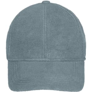 A grey six-panel fleece cap with earflaps and a logo on the front.