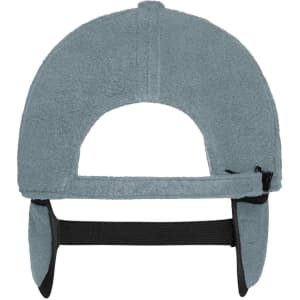 A grey 6 panel fleece cap with earflaps and an adjustable strap at the back. It features a logo.