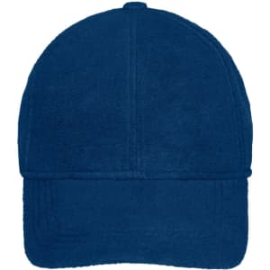 A navy blue 6 panel fleece cap with earflaps. Features a soft texture and includes a logo.