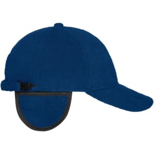A blue fleece cap with earflaps and an adjustable strap, featuring a logo on the side.