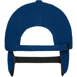 A blue fleece cap with earflaps and an adjustable strap at the back, featuring a logo.