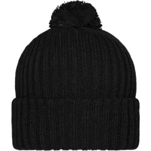 A black knitted beanie with a pompon on top. The beanie features a ribbed design and a fold-over cuff.