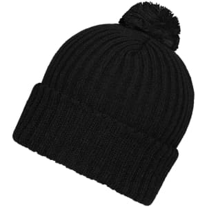 A black knitted beanie with a pompon on top and a folded cuff. It features a branding logo.