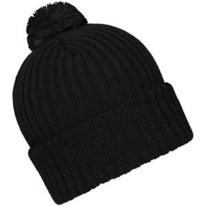 A black knitted beanie with a pompon on top, featuring a textured ribbed design.