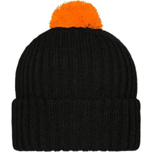 A black knitted beanie featuring an orange pompon on top. The beanie has a ribbed texture and a logo.