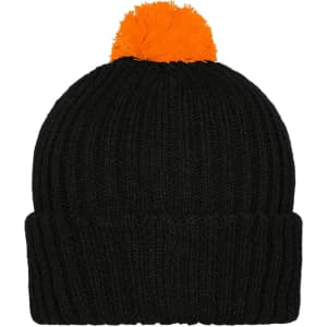 A black knitted beanie featuring a bright orange pompon on top and a ribbed design. It has a logo tag.
