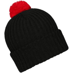 A black knitted beanie featuring a bright red pompon on top, with a ribbed design and a fold-over cuff.