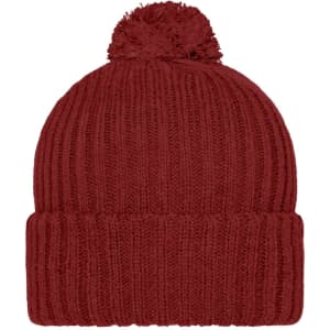 A knitted beanie in a deep burgundy shade, featuring a fluffy pompon on top and a ribbed design.